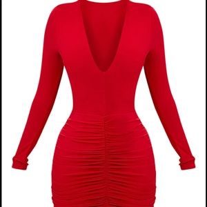 shape red slinky ruched mini dress